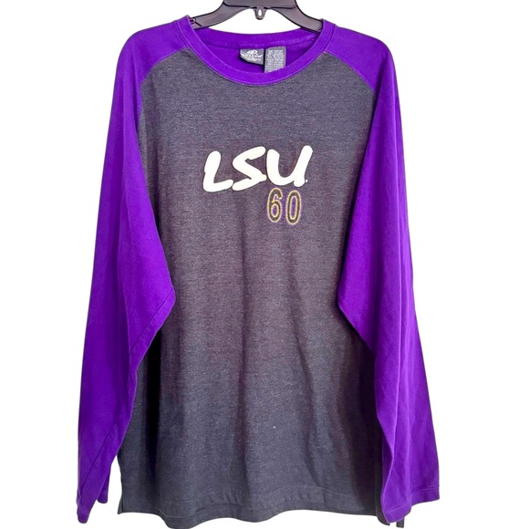 Vintage Style ACTIVE XL LSU Gray-Body Purple-Raglan Sleeve Appliqué “LSU 60” Tee - Picture 1 of 4